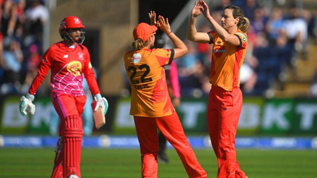 Ellyse Perry celebrates the wicket of Sophia Dunkley in The Hundred