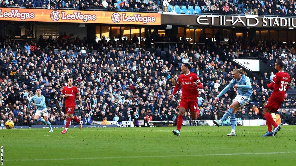 Erling Haaland scores for Man City