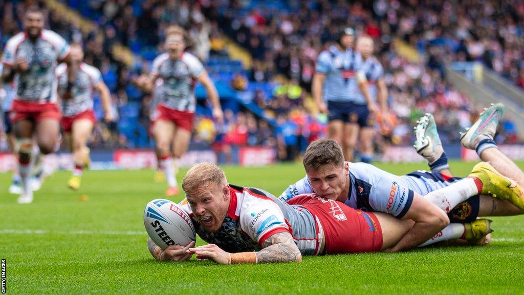 Oliver Holmes scores a try for Leigh Leopards against St Helens