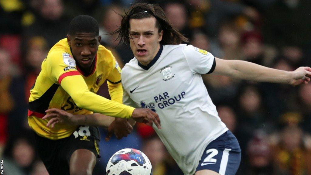 Watford's Yaser Asprilla is tackled by Preston's Alvaro Fernandez