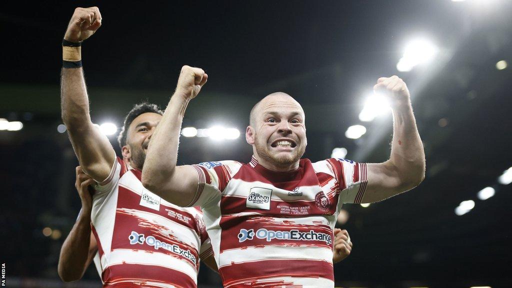 Liam Marshall celebrates his try in the Super League Grand Final