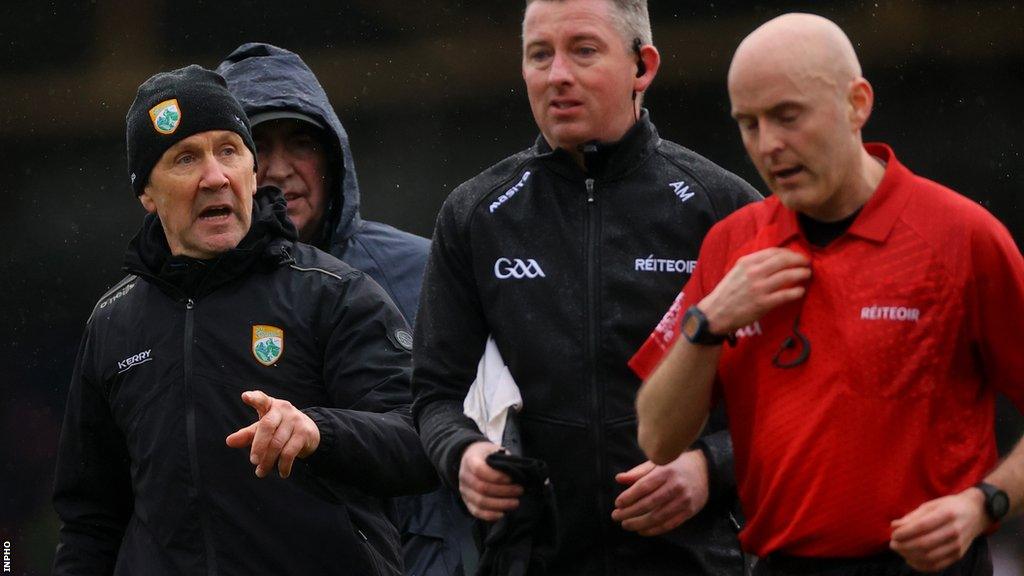 Kerry manager Jack O'Connor has words with referee Liam Devenney after the final whistle