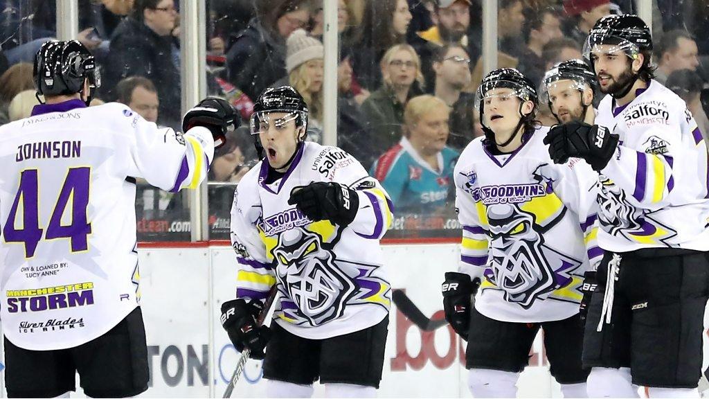 Manchester Storm celebrate beating the Belfast Giants