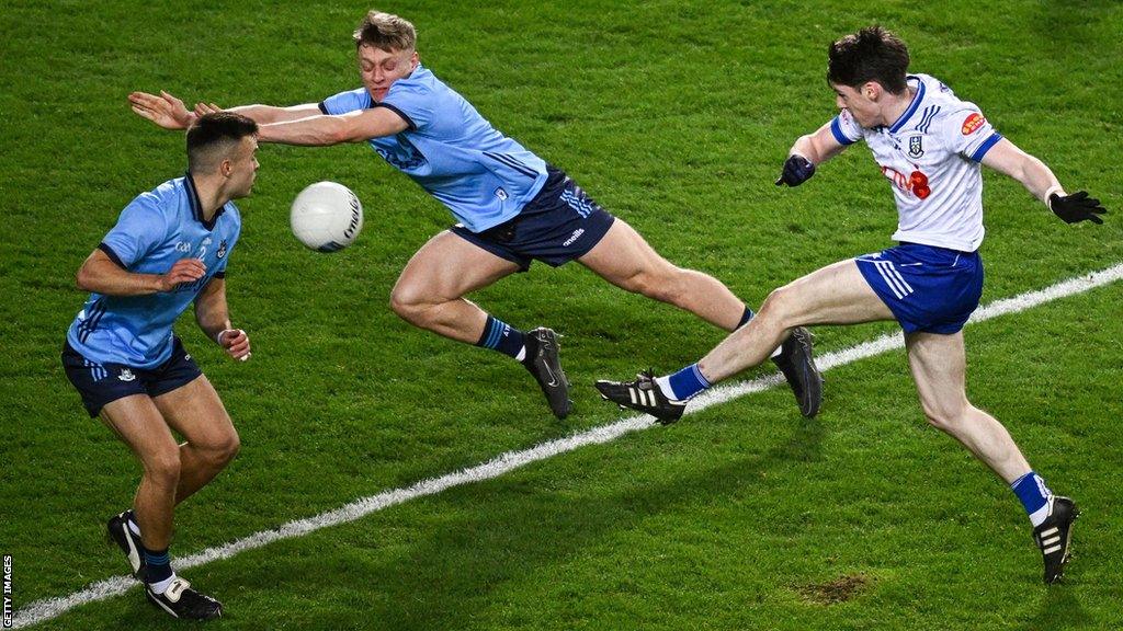 Stephen O'Hanlon fires in Monaghan's second goal at Croke Park despite the efforts of Dublin's Eoin Murchan and Cian Murphy