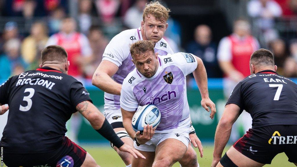 Tom Cruse tries to break through the Saracens defence during their Premiership play-off semi-final