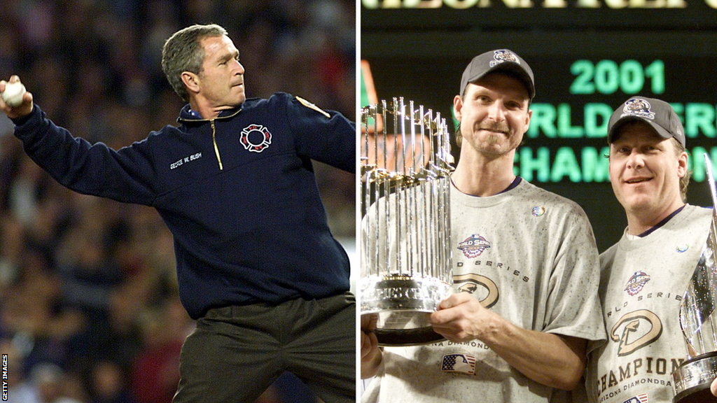 US President George W Bush throws out a ceremonial first pitch, while Randy Johnson and Curt Schilling pose with the World Series trophy