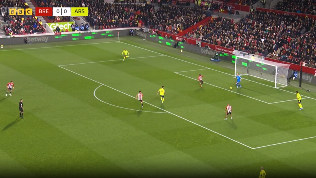 Ramsdale is caught in possession from a goal-kick against Brentford in November