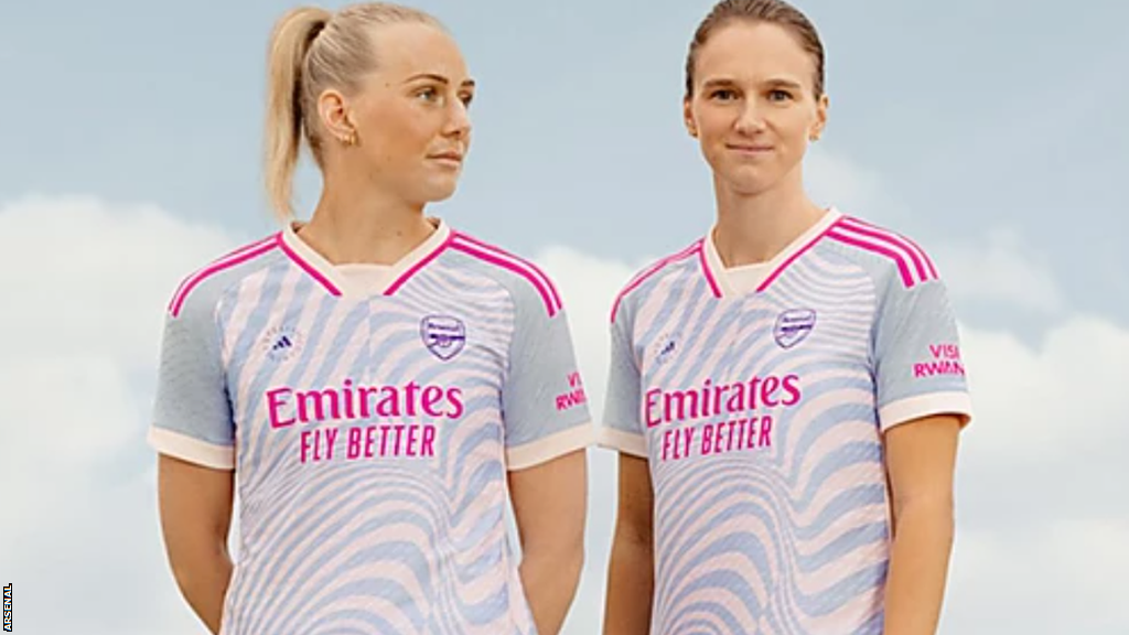 Arsenal women's 2023-24 away kit on Stina Blackstenius and Vivianne Miedema