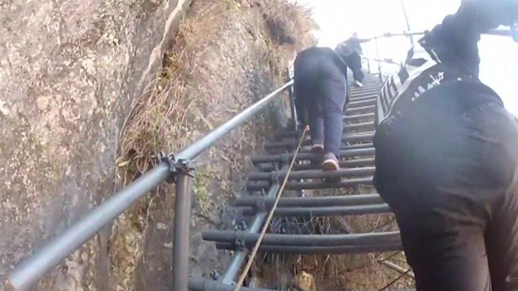 People climbing steel ladder