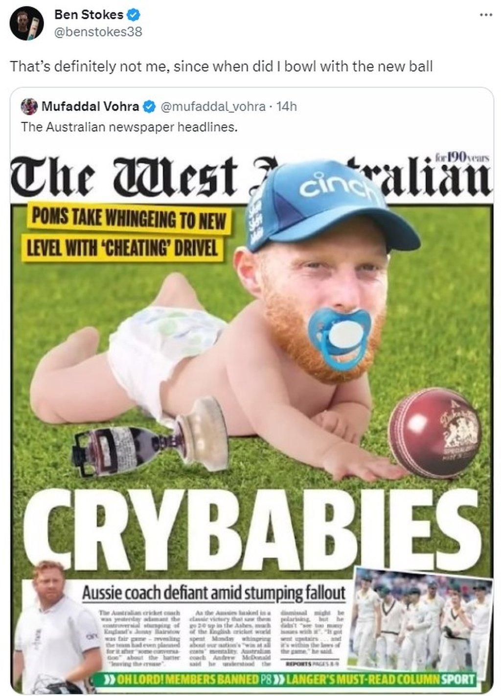 The West Australian newspaper's mock-up of Ben Stokes as a baby with the headline 'Crybabies'