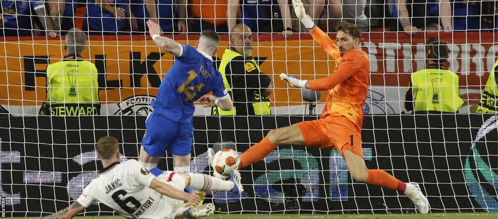 Rangers' Ryan Kent shoots at goal as Eintracht Frankfurt's Kevin Trapp makes a save