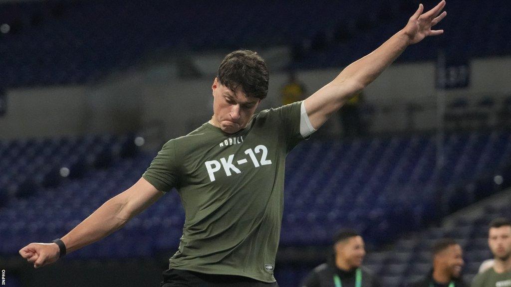 Smyth kicks during the NFL Combine in March