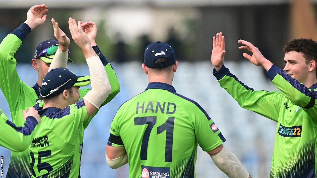 Matthew Humphreys celebrates dismissing Taskin Ahmed in Friday's final T20 match against Bangladesh