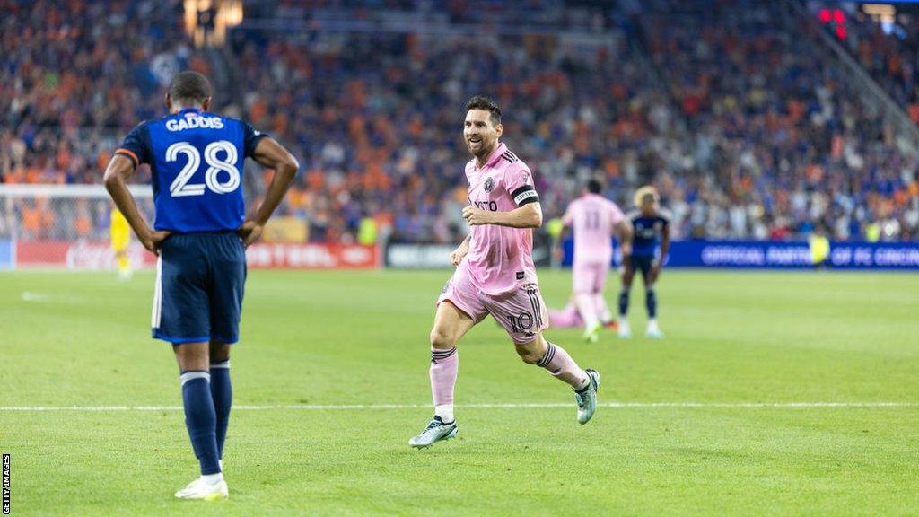 Lionel Messi celebrates while playing for Inter Miami