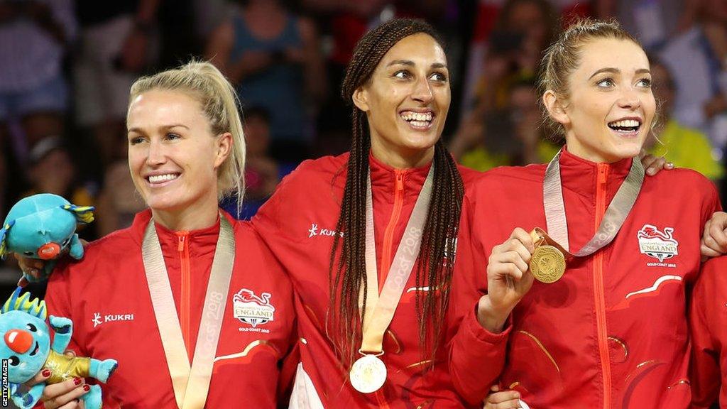 Helen Housby, Geva Mentor smiling after England win gold at the 2018 Commonwealth Games