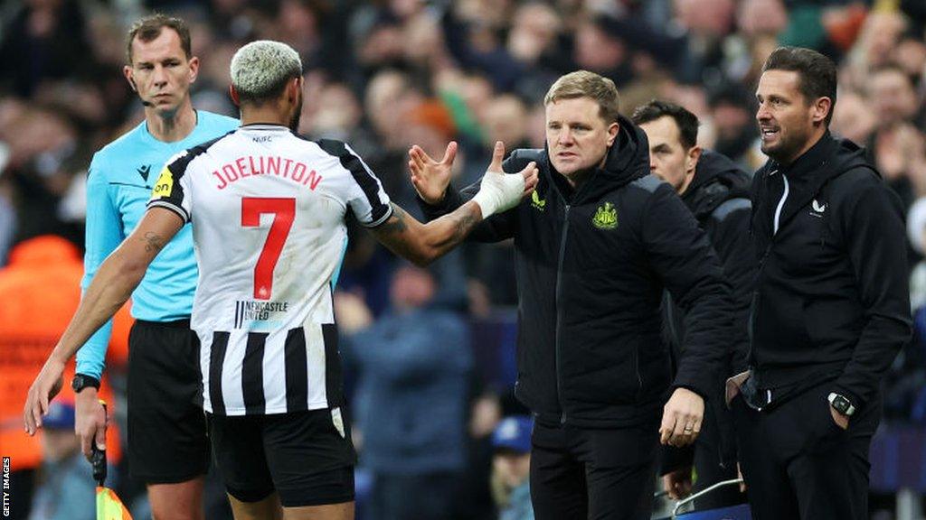 Eddie Howe celebrates Joelinton after his opening goal