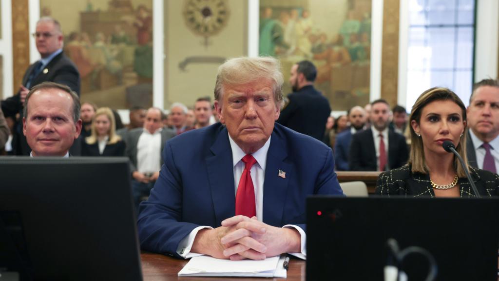 Donald J. Trump, with lawyers Christopher Kise and Alina Habba, attends the closing arguments in the Trump Organization civil fraud trial at New York State Supreme Court