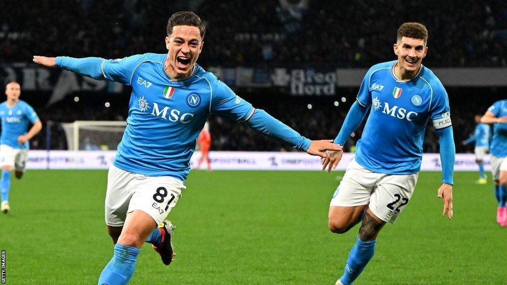 Giacomo Raspadori of Napoli celebrates scoring