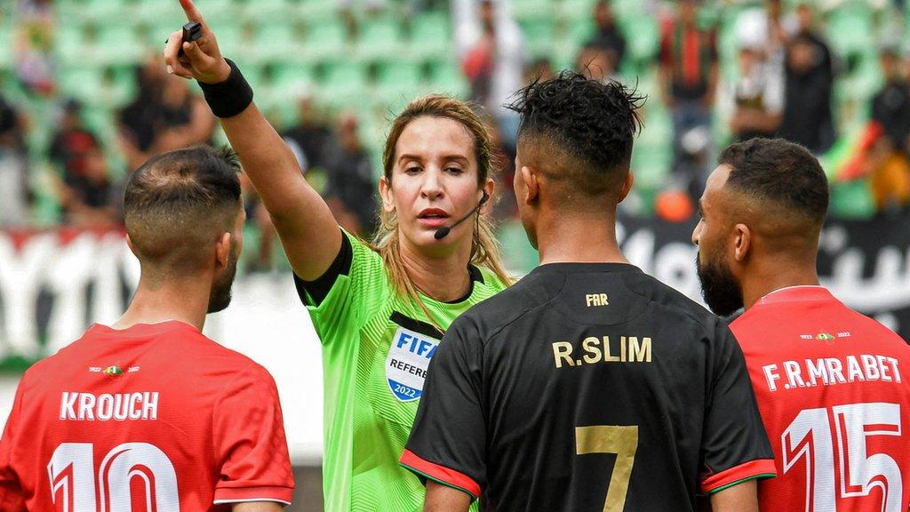 Bouchra Karboubi refereeing a match between AS FAR and Moghreb Atletico Tetouan in May 2022