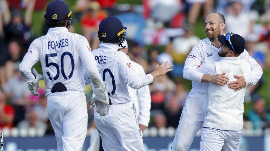 Jack Leach celebrates a wicket