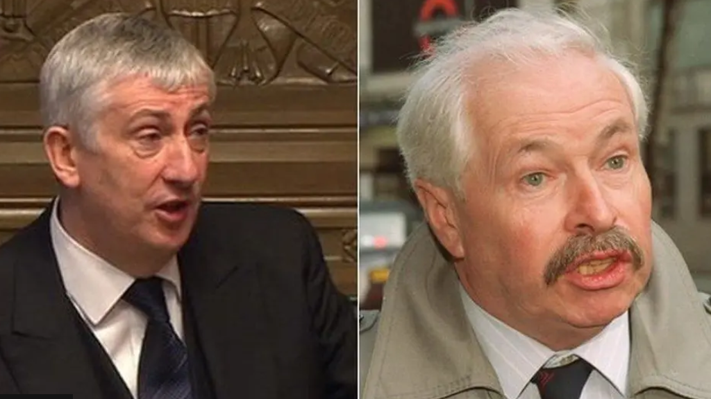 Sir Lindsay Hoyle on the left speaking wearing a dark suit and tie, while his father speaks outside in a beige jacket and tie in a separate photo