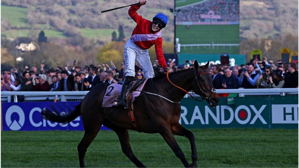 Rachael Blackmore celebrates winning the Cheltenham Gold Cup on A Plus Tard