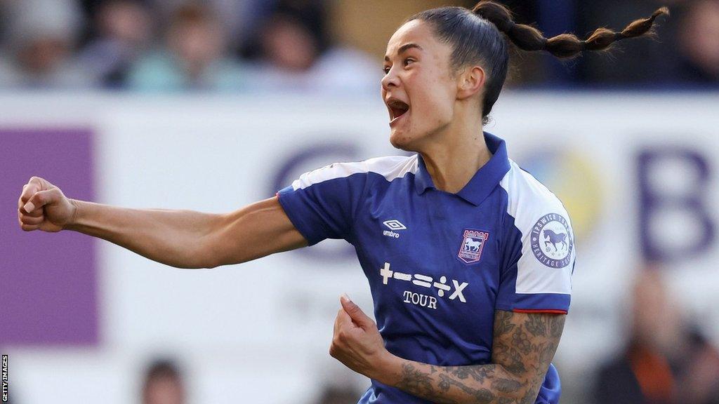 Natasha Thomas celebrates her goal for Ipswich Town