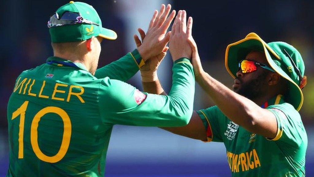 David Miller celebrates after taking a catch with team mate Temba Bavuma