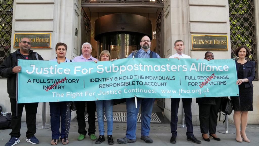 Pepople protest outside the Aldwych House, as Paula Vennells, former Chief Executive Officer of the Post Office, arrives for the Post Office Horizon IT Inquiry, in London Britain, May 24, 2024.