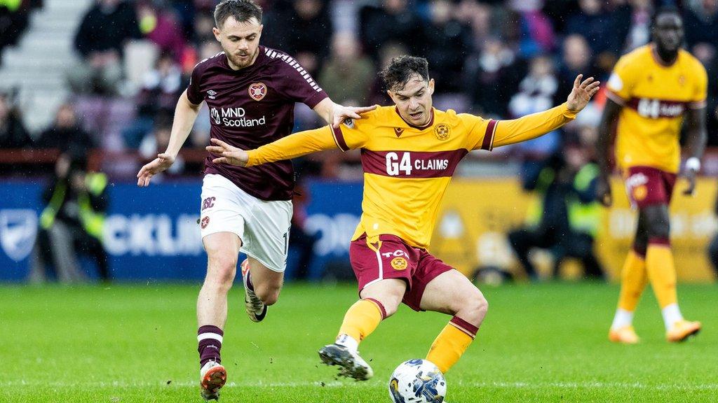 Hearts' Alan Forrest (L) and Motherwell's Davor Zdravkovski