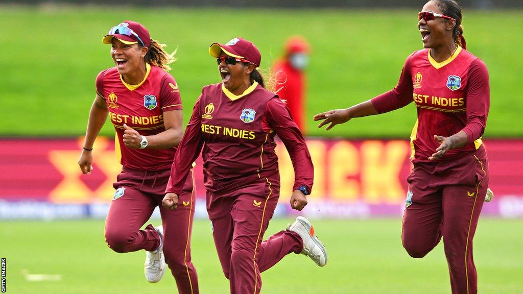 West Indies players celebrating a wicket