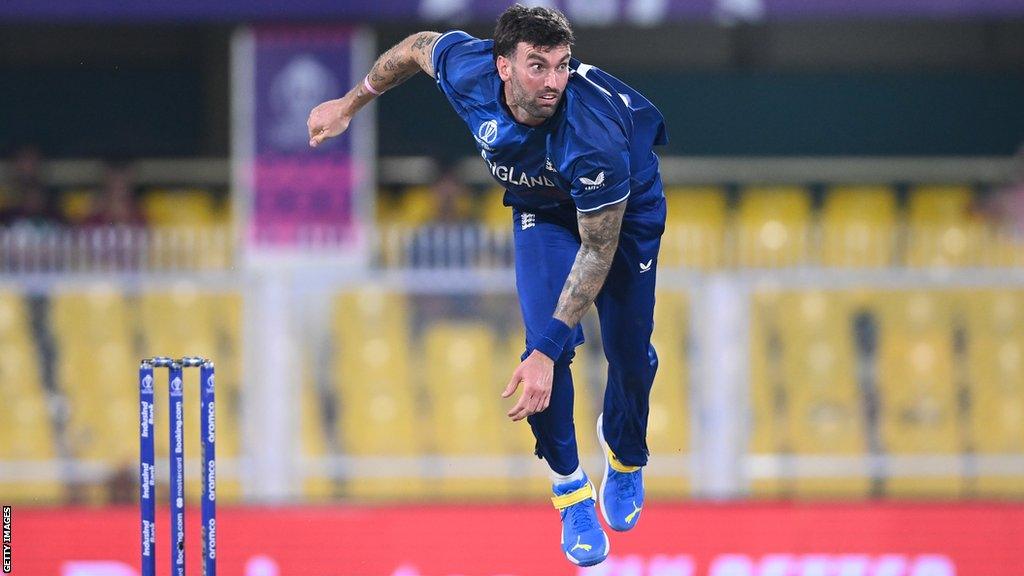 England's Reece Topley bowls in the World Cup warm-up against Bangladesh