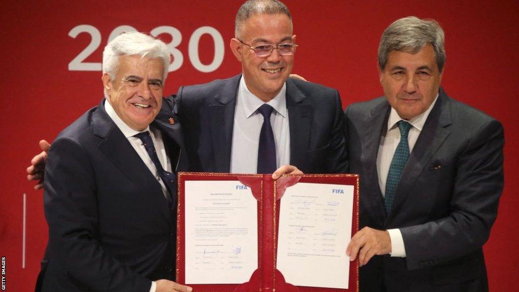 President of the Moroccan Football Federation Fouzi Lekjaa, Spanish counterpart Pedro Rocha and Portugal's Fernando Gomes