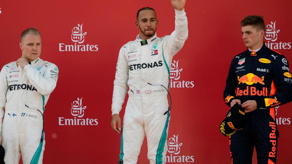 Lewis Hamilton (centre), Valtteri Bottas (left and Max Verstappen