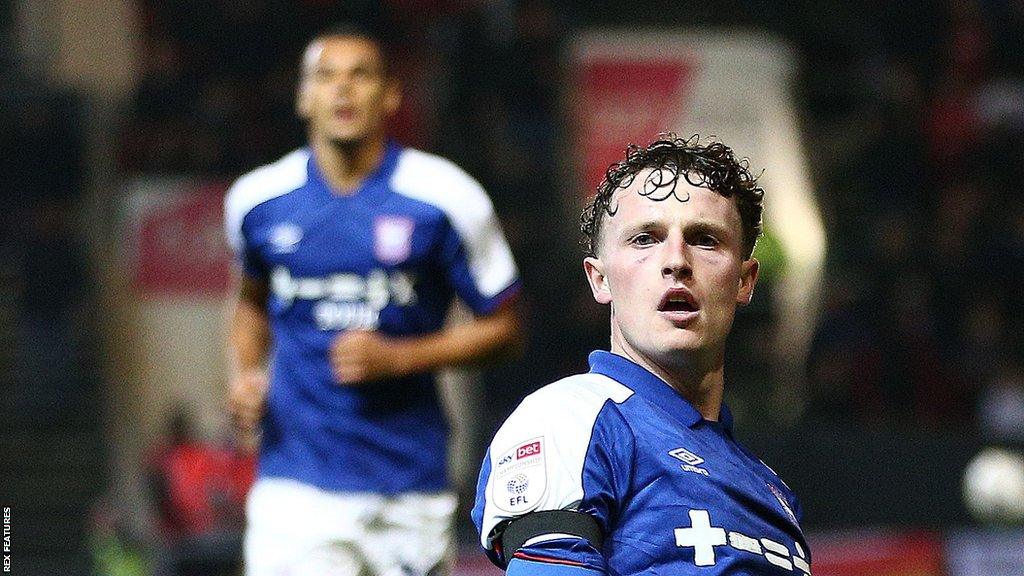 Ipswich player Nathan Broadhead celebrating his goal