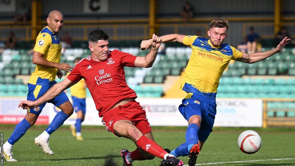 Connah's Quay's Michael Wilde has a shot on goal during his side's win at Barry