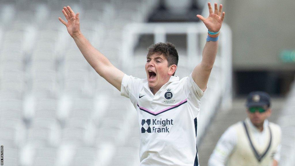 Middlesex bowler Ethan Bamber appeals for a wicket against Kent