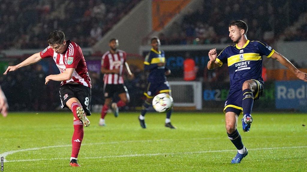 Ryan Trevitt scores Exeter City's first-half goal against Middlesbrough