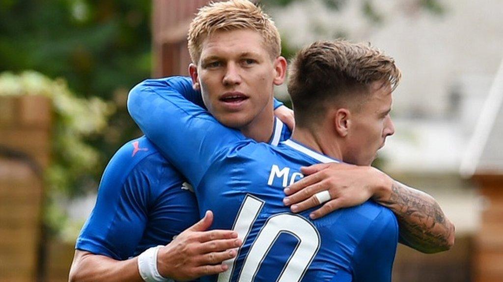 Martyn Waghorn (left) celebrates his goal for Rangers