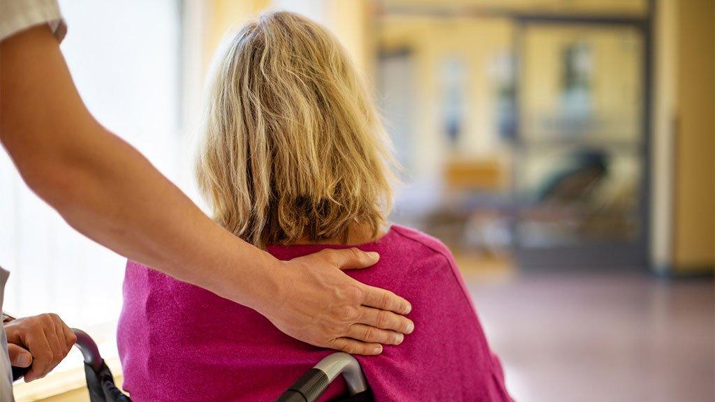 Carer pushing wheelchair