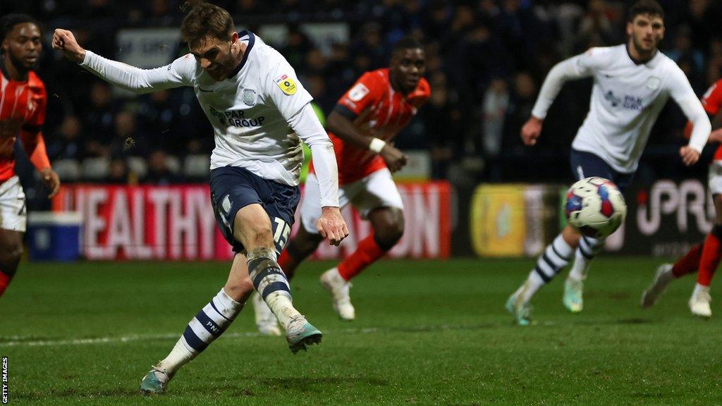 Troy Parrott scores Preston North End's equaliser against Luton Town from the penalty spot