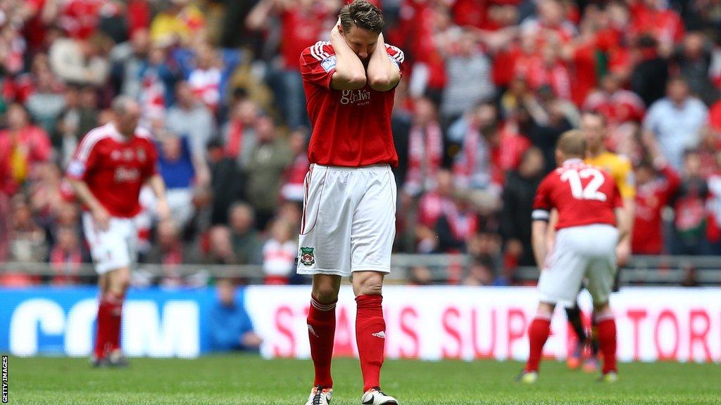 Wrexham's Martin Riley shows his frustration during the Conference Premier play-off final defeat to Newport County at Wembley on May 5, 2013