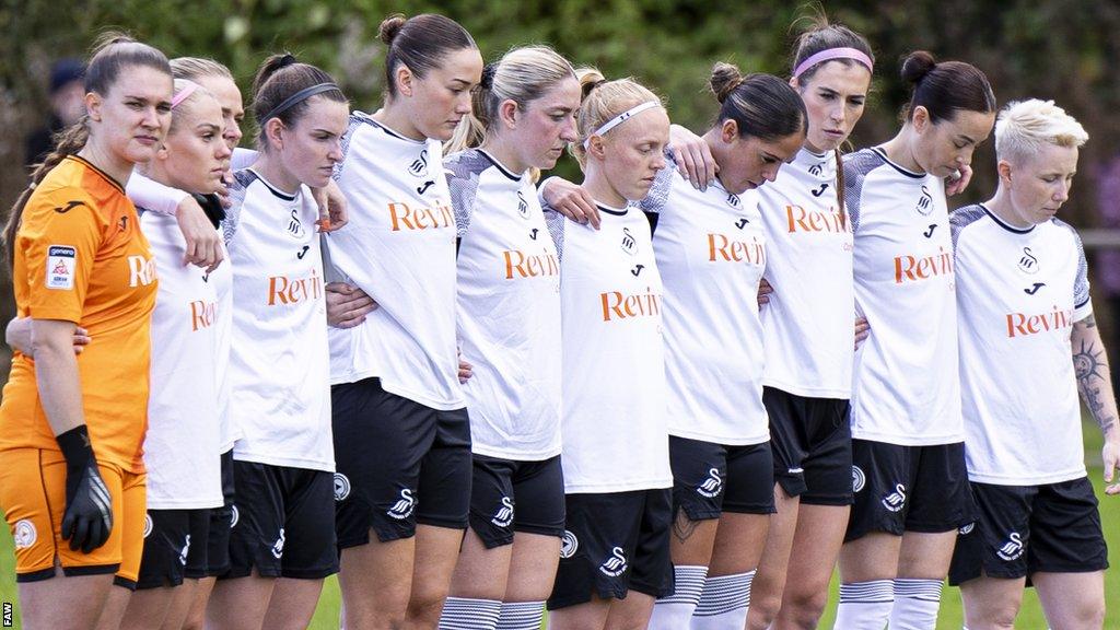 Swansea City Women players line up before their derby defeat to Cardiff City Women earlier this month