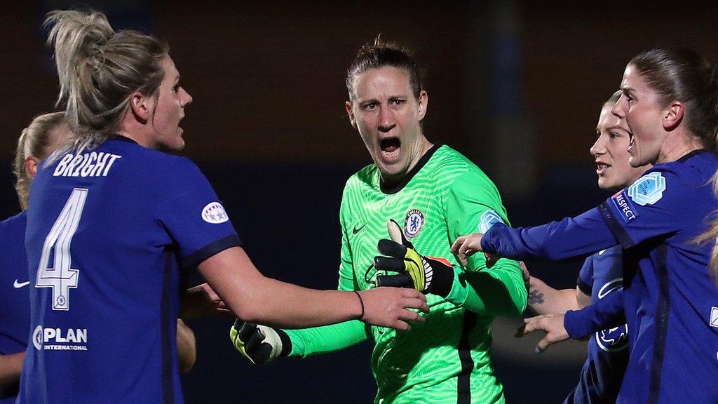 Ann-Katrin Berger celebrates her first penalty save against Atletico Madrid