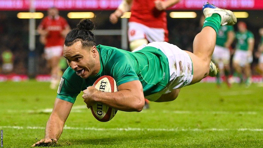 Ireland winger James Lowe touches down for a try in the 34-10 win over Wales