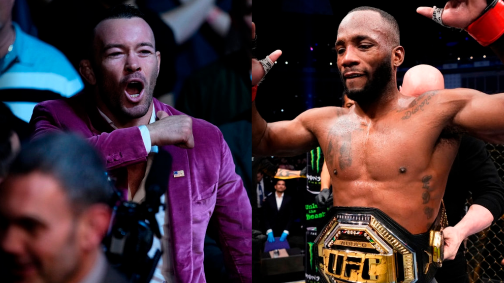 Split screen of Colby Covington on left side and Leon Edwards with his belt on the right side