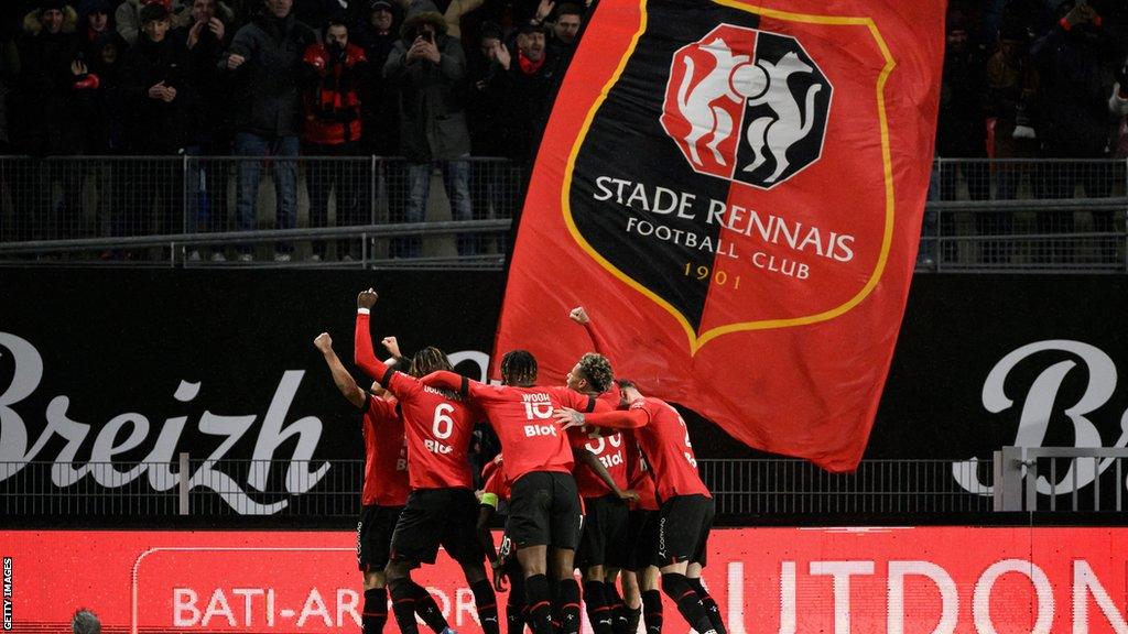 Rennes celebrating their goal