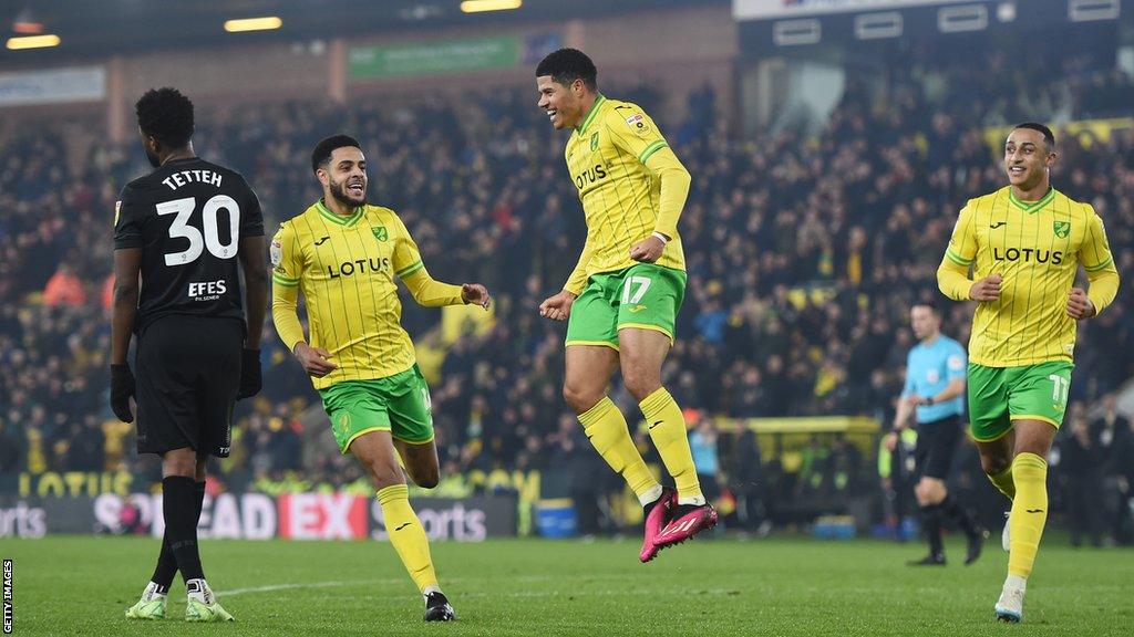 Gabriel Sara celebrates his goal for Norwich