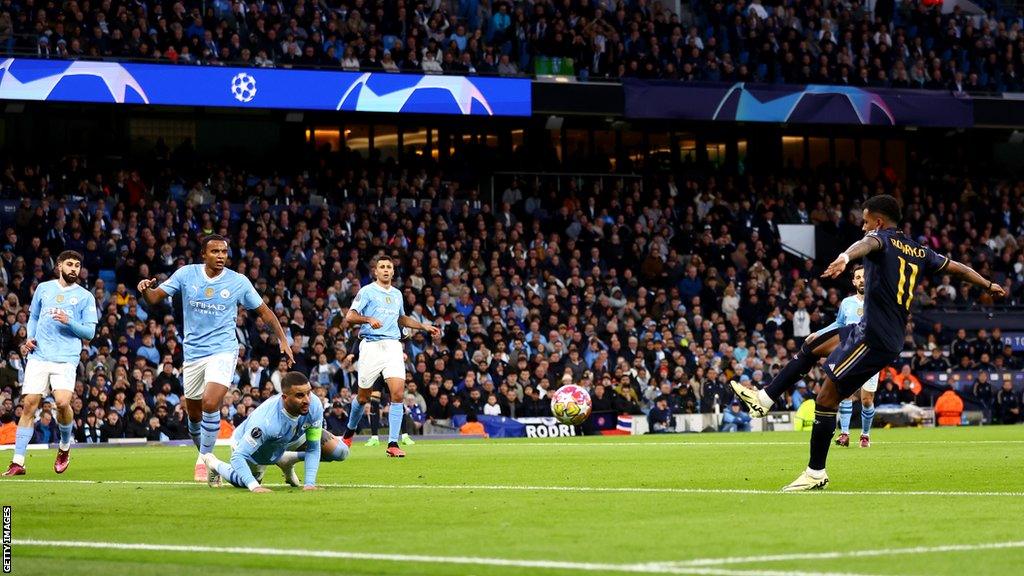 Rodrygo scoring the opening goal for Real Madrid