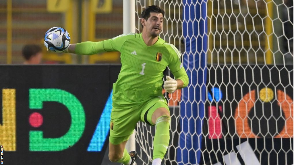 Thibaut Courtois throws the ball while playing for Belgium